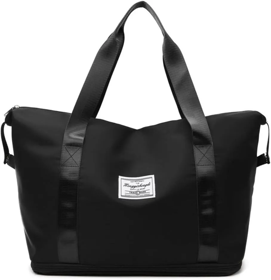 Travel Duffle Bag Gym Bag for Women Weekender Overnight Duffel Bag Tote Bag with Wet Pocket and Shoe Compartment (Black)