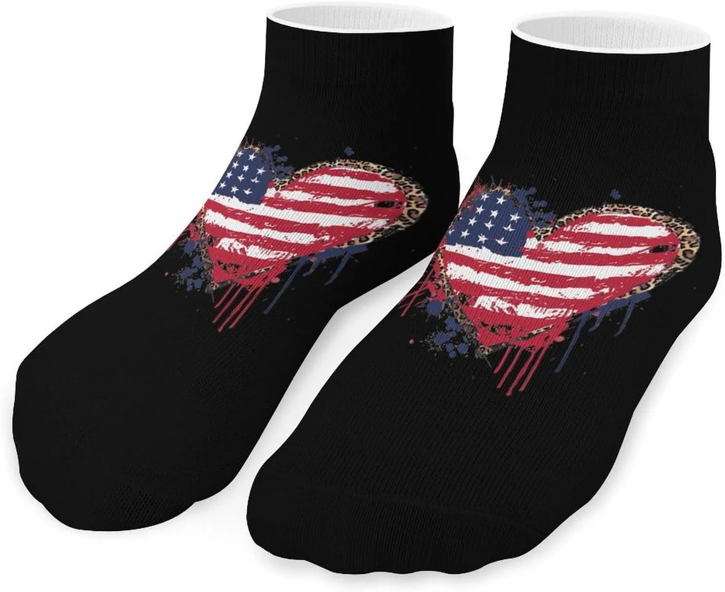 U.S. Flag Heart Splash Leopard Printed Ankle Socks No Show Sock Low-Cut Athletic Socks for Men Women 1 Pair