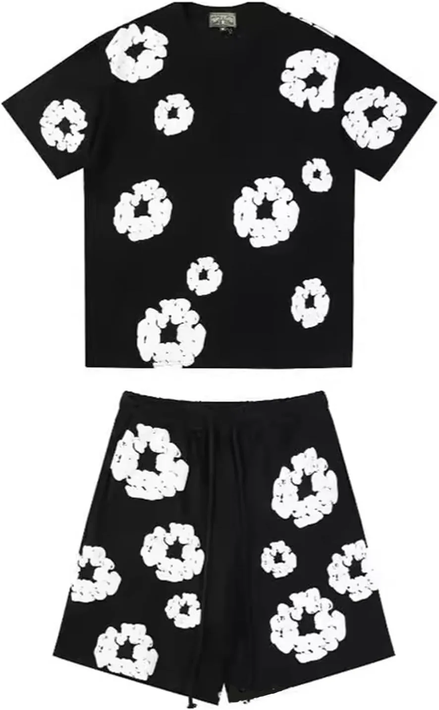 Vintage Printed Flower Graphic T-Shirt Casual Short Sleeve Street Pullover Sport Sweatshirt 2-Piece Set