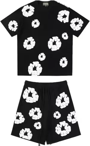 Vintage Printed Flower Graphic T-Shirt Casual Short Sleeve Street Pullover Sport Sweatshirt 2-Piece Set