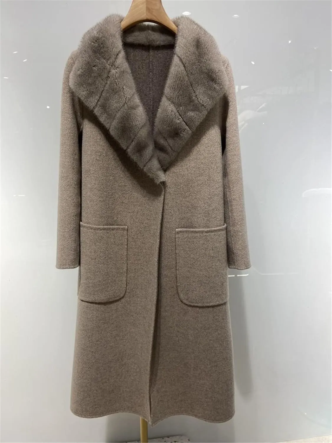 WA-01 Cashmere Wool Blend Coat With Real Mink Fur Furry Collar And Bely And Pockets For Women Double-Sided Wool Long Jacket Luxury Fluffy Lapel Garment(Custom Size, Camel)