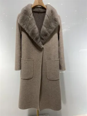 WA-01 Cashmere Wool Blend Coat With Real Mink Fur Furry Collar And Bely And Pockets For Women Double-Sided Wool Long Jacket Luxury Fluffy Lapel Garment(Custom Size, Camel)