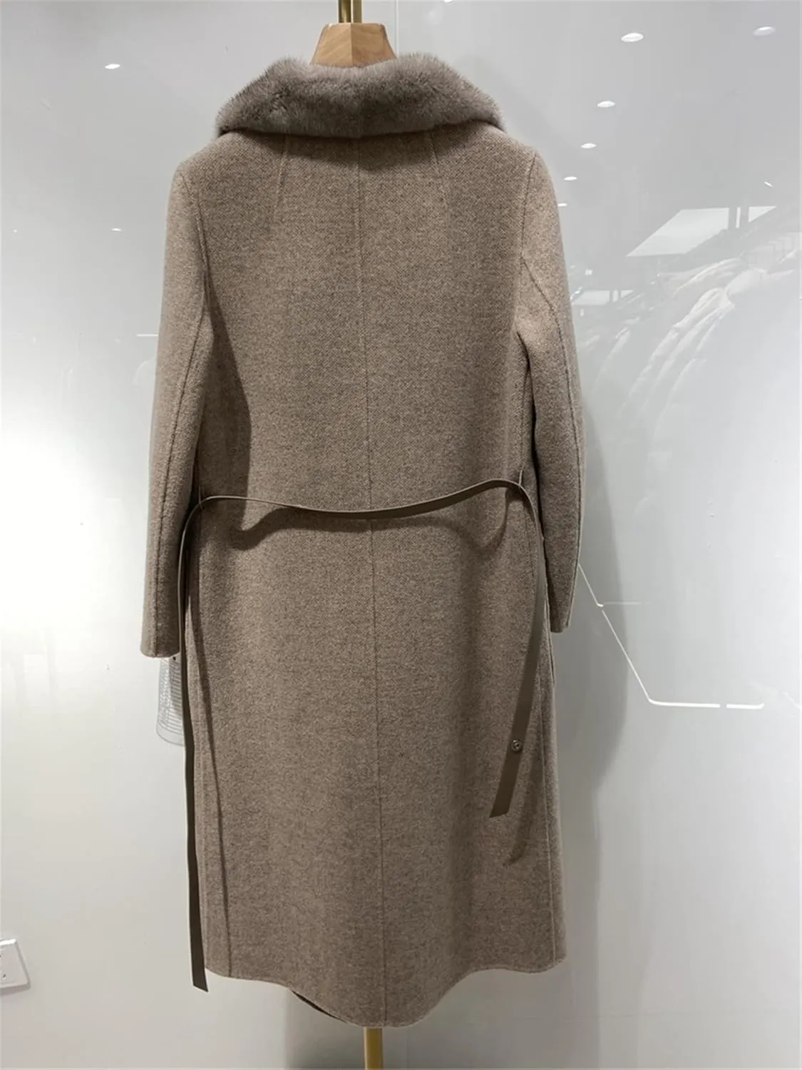 WA-01 Cashmere Wool Blend Coat With Real Mink Fur Furry Collar And Bely And Pockets For Women Double-Sided Wool Long Jacket Luxury Fluffy Lapel Garment(Custom Size, Camel)