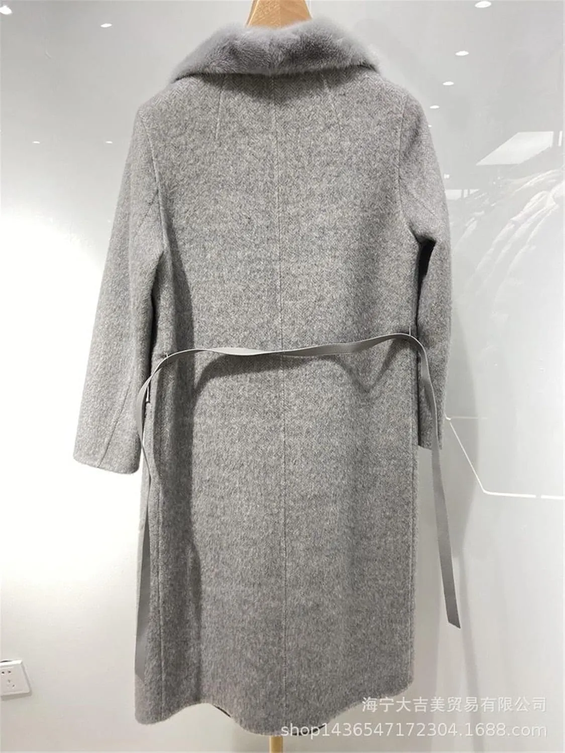 WA-01 Cashmere Wool Blend Coat With Real Mink Fur Furry Collar And Bely And Pockets For Women Double-Sided Wool Long Jacket Luxury Fluffy Lapel Garment(Custom Size, Camel)
