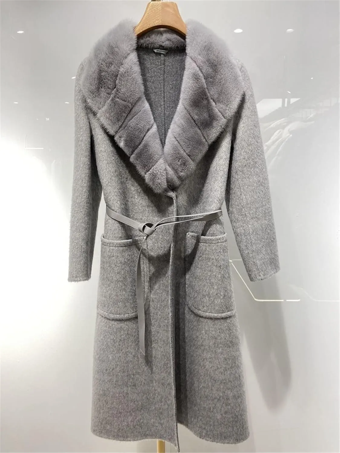 WA-01 Cashmere Wool Blend Coat With Real Mink Fur Furry Collar And Bely And Pockets For Women Double-Sided Wool Long Jacket Luxury Fluffy Lapel Garment(Custom Size, Camel)