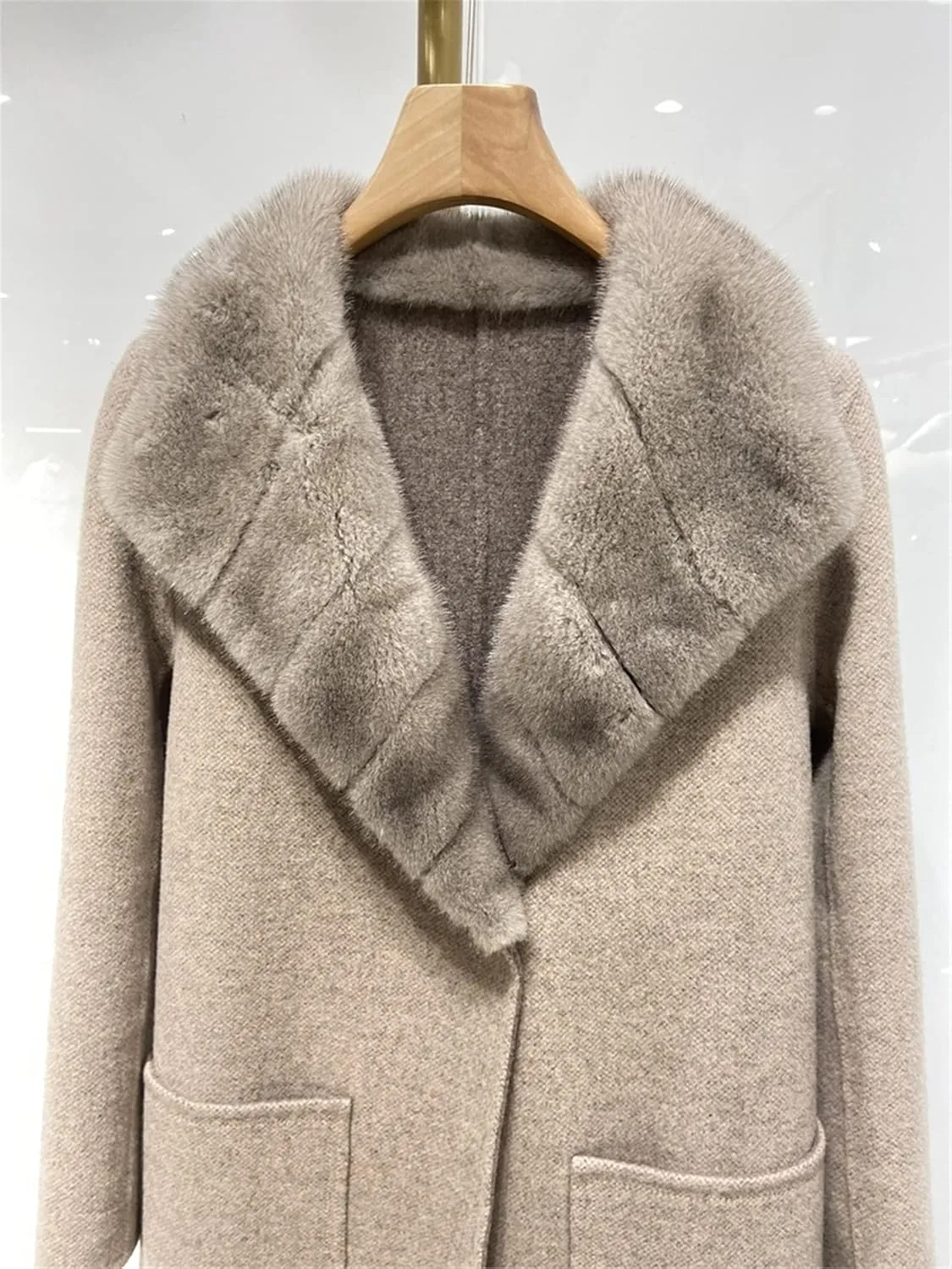 WA-01 Cashmere Wool Blend Coat With Real Mink Fur Furry Collar And Bely And Pockets For Women Double-Sided Wool Long Jacket Luxury Fluffy Lapel Garment(Custom Size, Camel)