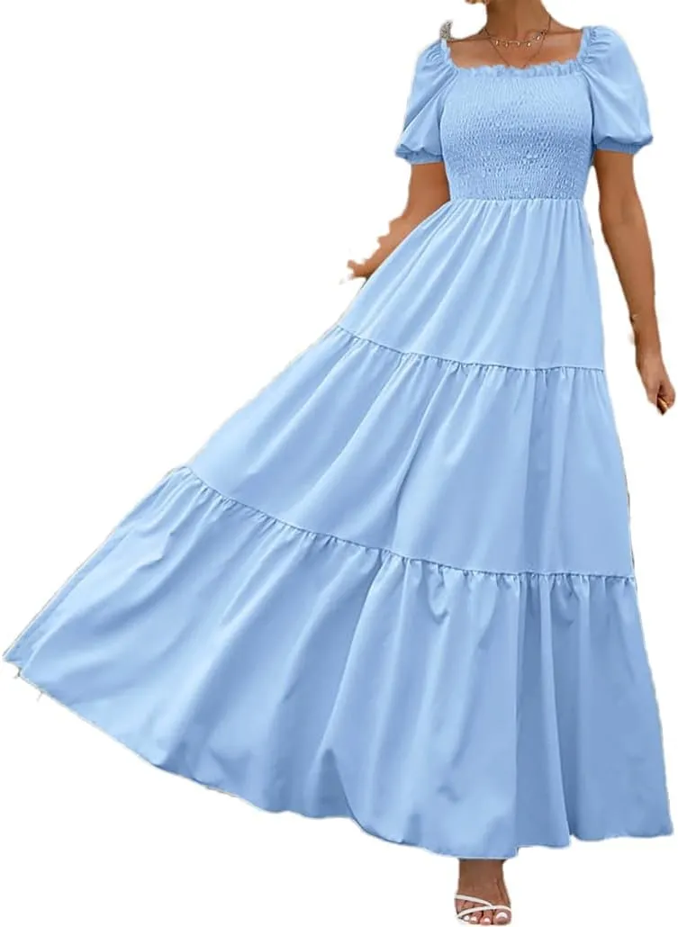 Women A Line Pleated Dresses High Waist Square Neck Maxi Dress Summer Solid Ruffles Party Dresses