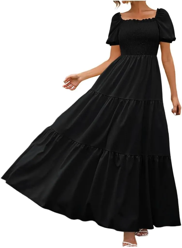 Women A Line Pleated Dresses High Waist Square Neck Maxi Dress Summer Solid Ruffles Party Dresses