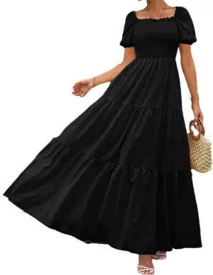 Women A Line Pleated Dresses High Waist Square Neck Maxi Dress Summer Solid Ruffles Party Dresses