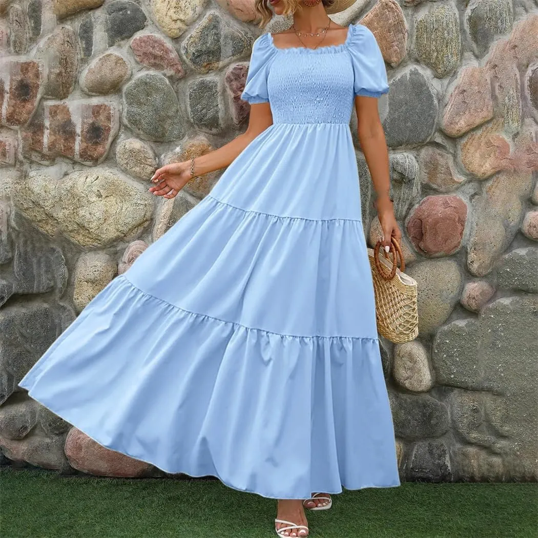 Women A Line Pleated Dresses High Waist Square Neck Maxi Dress Summer Solid Ruffles Party Dresses