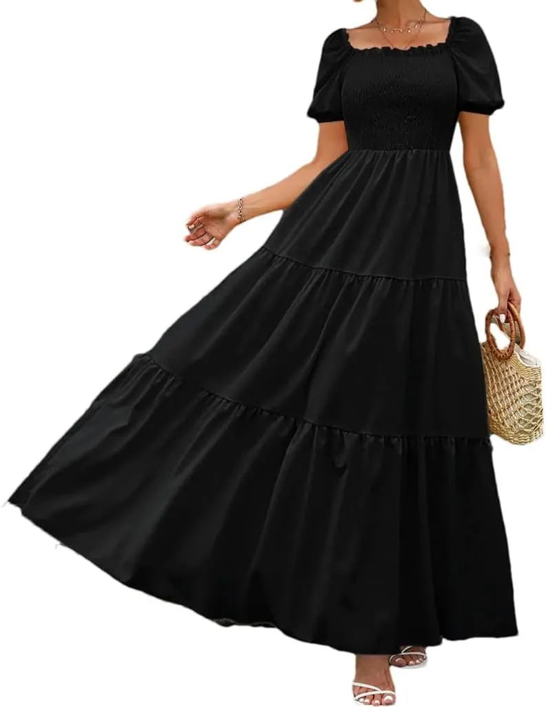 Women A Line Pleated Dresses High Waist Square Neck Maxi Dress Summer Solid Ruffles Party Dresses