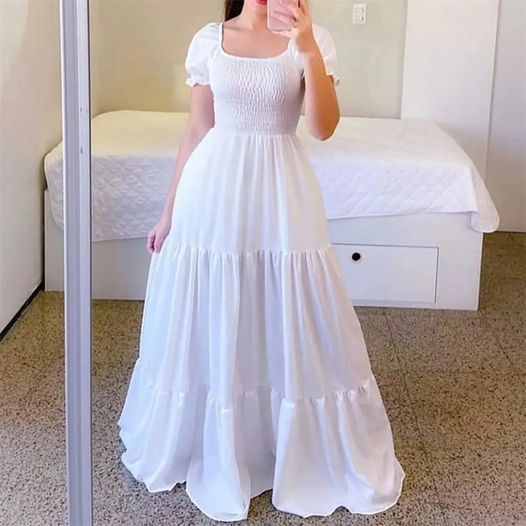 Women A Line Pleated Dresses High Waist Square Neck Maxi Dress Summer Solid Ruffles Party Dresses