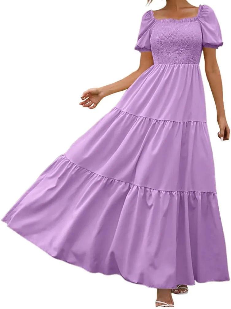 Women A Line Pleated Dresses High Waist Square Neck Maxi Dress Summer Solid Ruffles Party Dresses