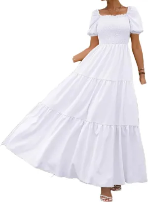 Women A Line Pleated Dresses High Waist Square Neck Maxi Dress Summer Solid Ruffles Party Dresses
