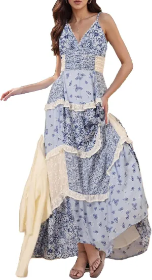 Women Boho Tie Shoulder Maxi Dress Y2k Floral Smocked Long Dress Sleeveless Flowy Summer Beach Sundress