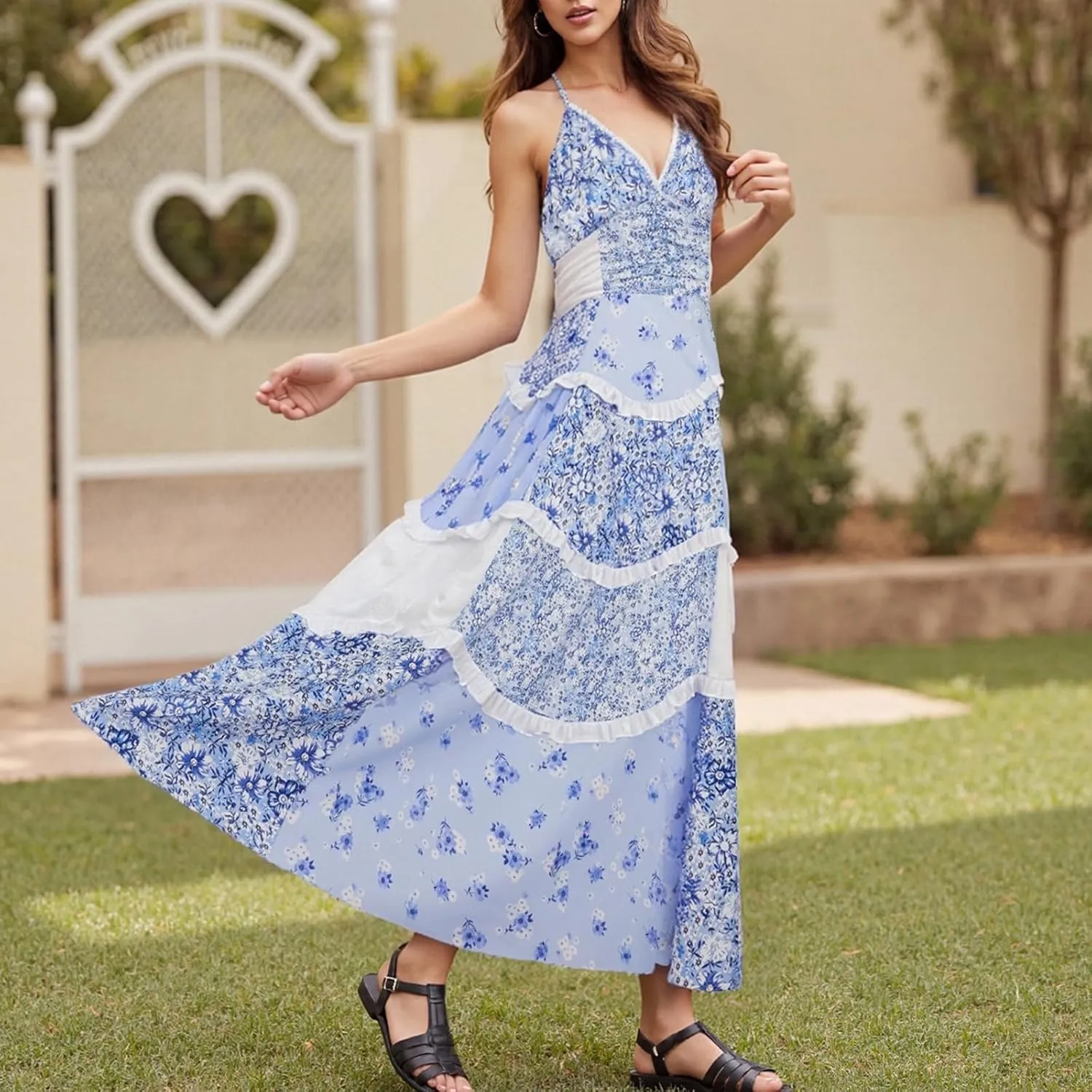 Women Boho Tie Shoulder Maxi Dress Y2k Floral Smocked Long Dress Sleeveless Flowy Summer Beach Sundress