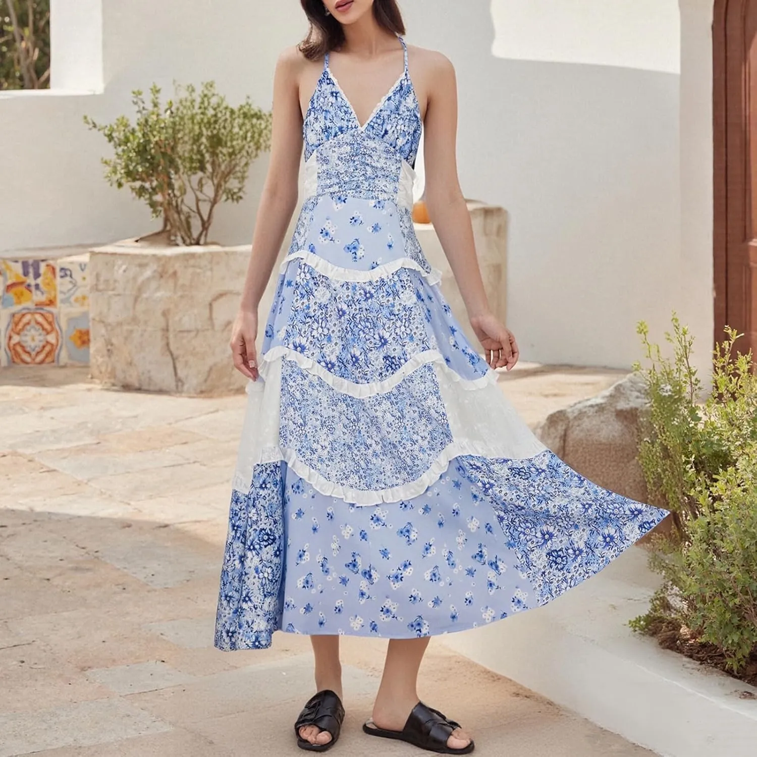 Women Boho Tie Shoulder Maxi Dress Y2k Floral Smocked Long Dress Sleeveless Flowy Summer Beach Sundress