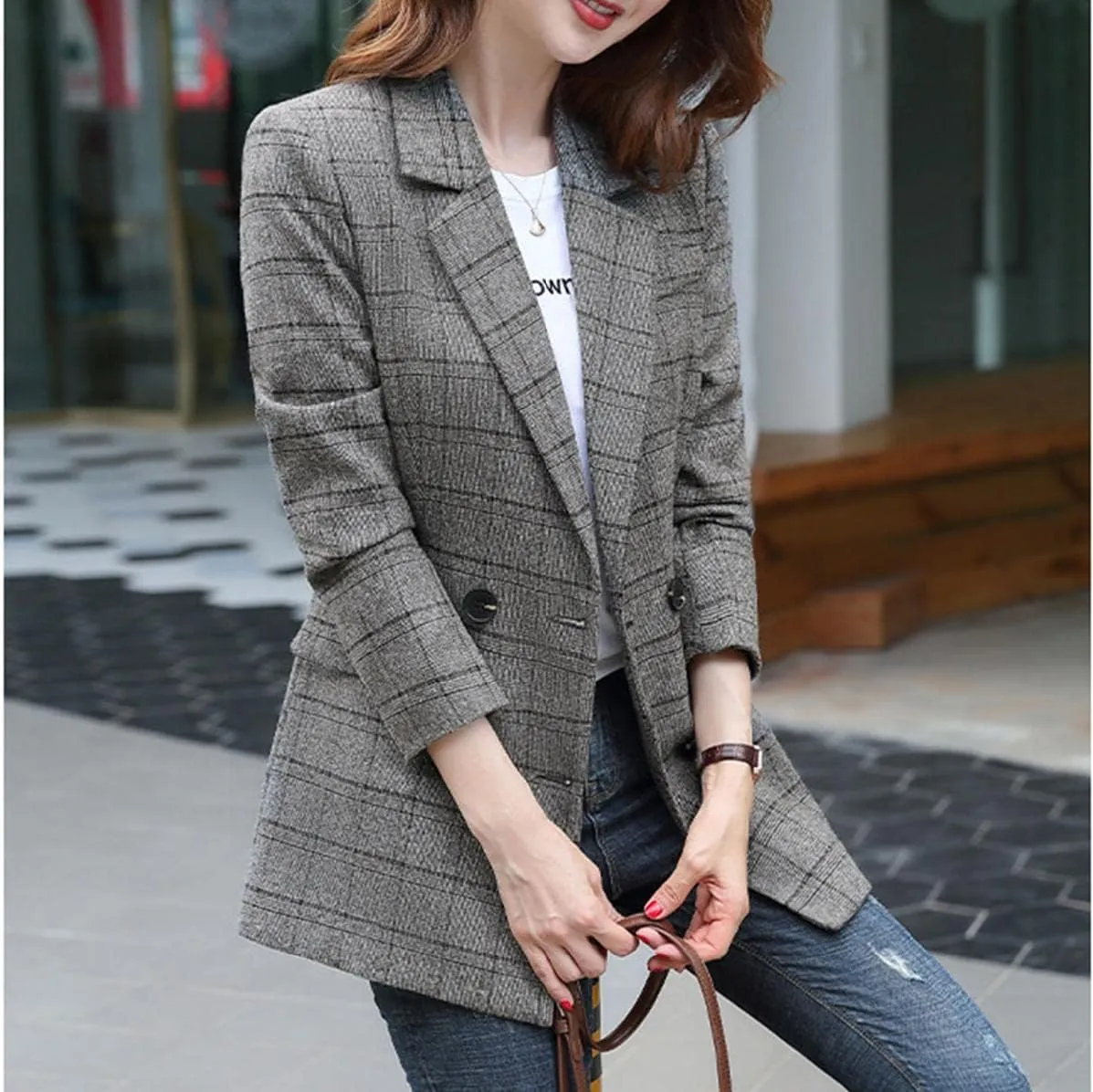 Women Classic Plaid Wool Blend Blazer Jacket Lapel 2 Button Oversize Boyfriend Work Office Suit Outerwear