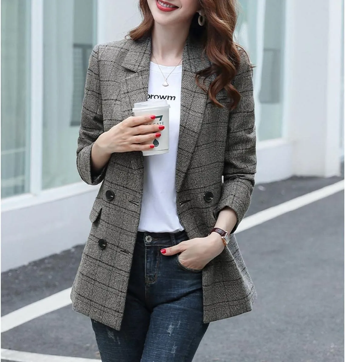 Women Classic Plaid Wool Blend Blazer Jacket Lapel 2 Button Oversize Boyfriend Work Office Suit Outerwear