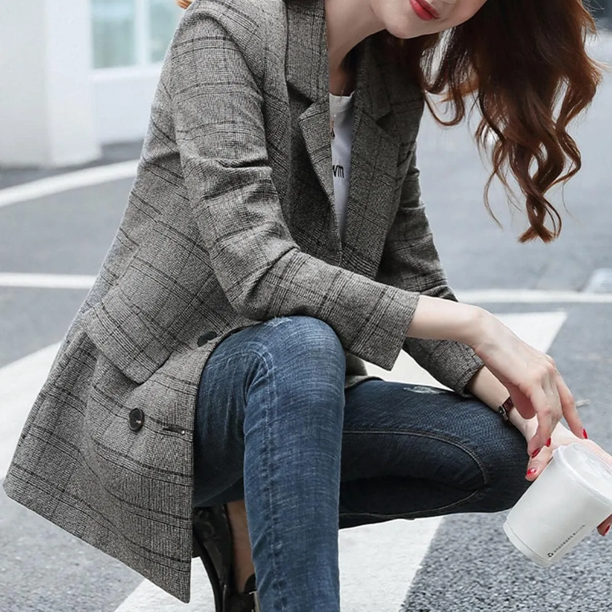 Women Classic Plaid Wool Blend Blazer Jacket Lapel 2 Button Oversize Boyfriend Work Office Suit Outerwear
