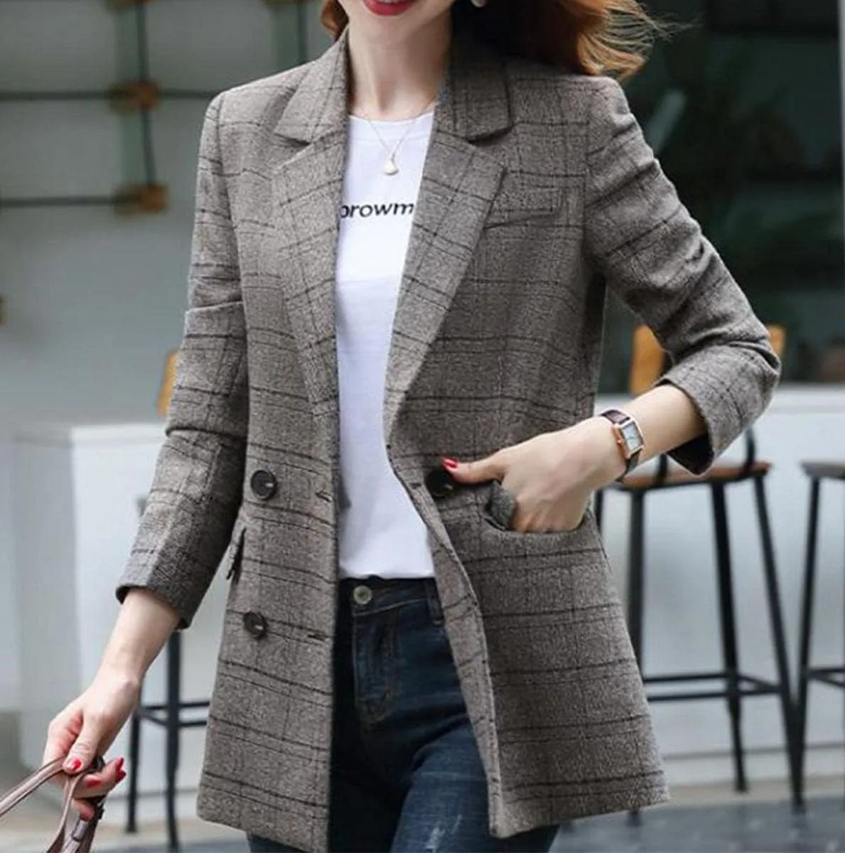 Women Classic Plaid Wool Blend Blazer Jacket Lapel 2 Button Oversize Boyfriend Work Office Suit Outerwear