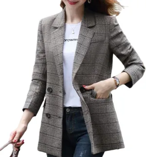 Women Classic Plaid Wool Blend Blazer Jacket Lapel 2 Button Oversize Boyfriend Work Office Suit Outerwear