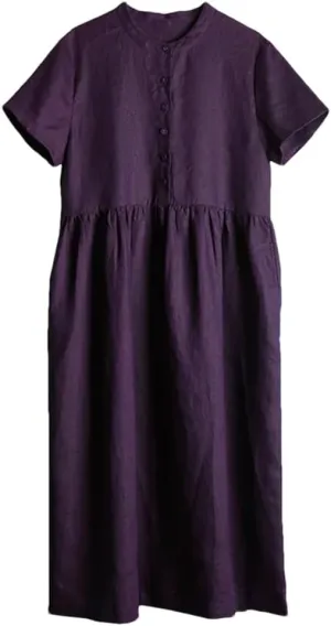 Women Cotton and Linen Casual Loose Summer Solid Maxi Dress Patchwork Bohemian Robe