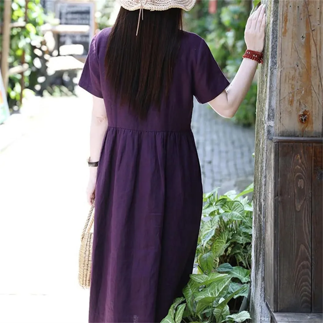 Women Cotton and Linen Casual Loose Summer Solid Maxi Dress Patchwork Bohemian Robe