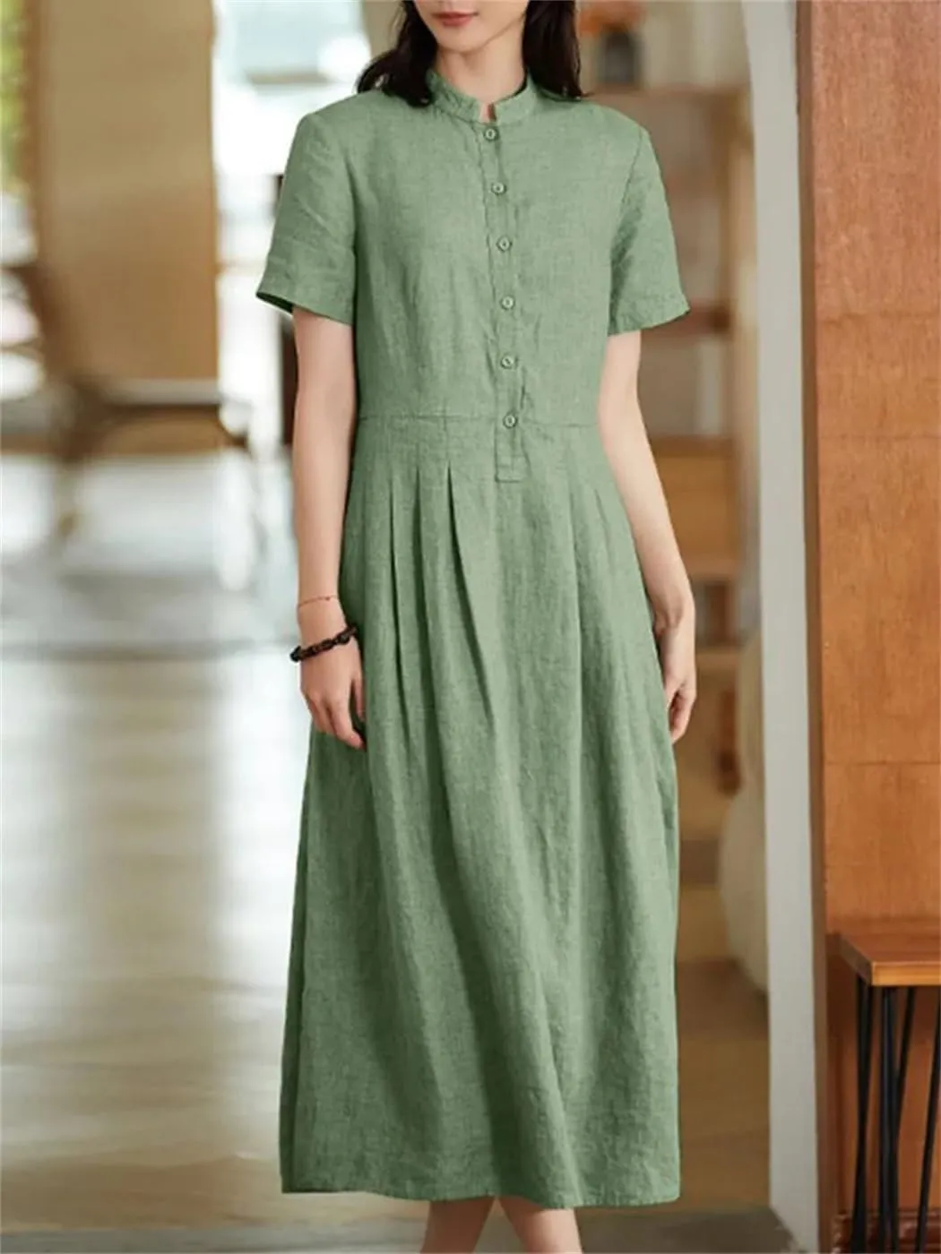 Women Cotton Linen Summer Shirt O-Neck Dresses Casual Solid Long Maxi Dress