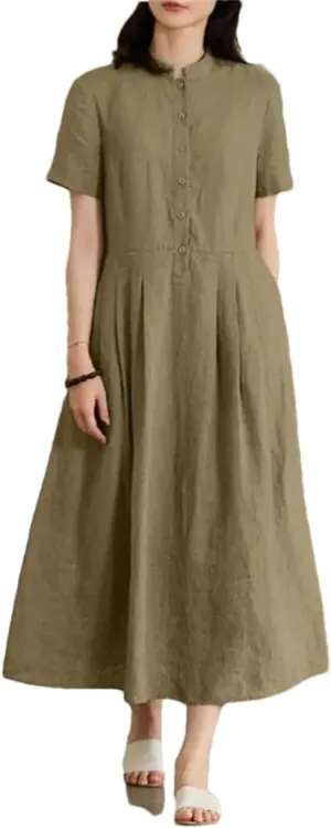Women Cotton Linen Summer Shirt O-Neck Dresses Casual Solid Long Maxi Dress