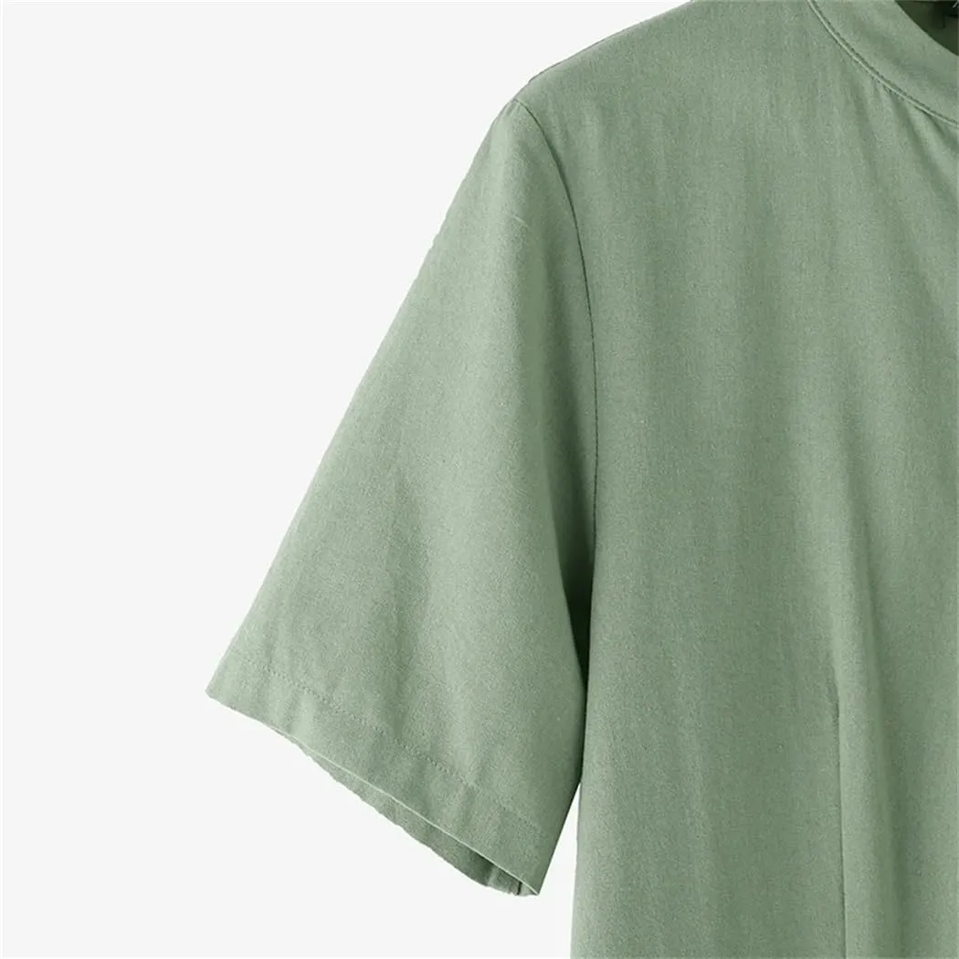 Women Cotton Linen Summer Shirt O-Neck Dresses Casual Solid Long Maxi Dress