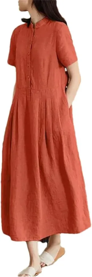 Women Cotton Linen Summer Shirt O-Neck Dresses Casual Solid Long Maxi Dress