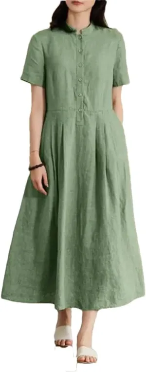 Women Cotton Linen Summer Shirt O-Neck Dresses Casual Solid Long Maxi Dress