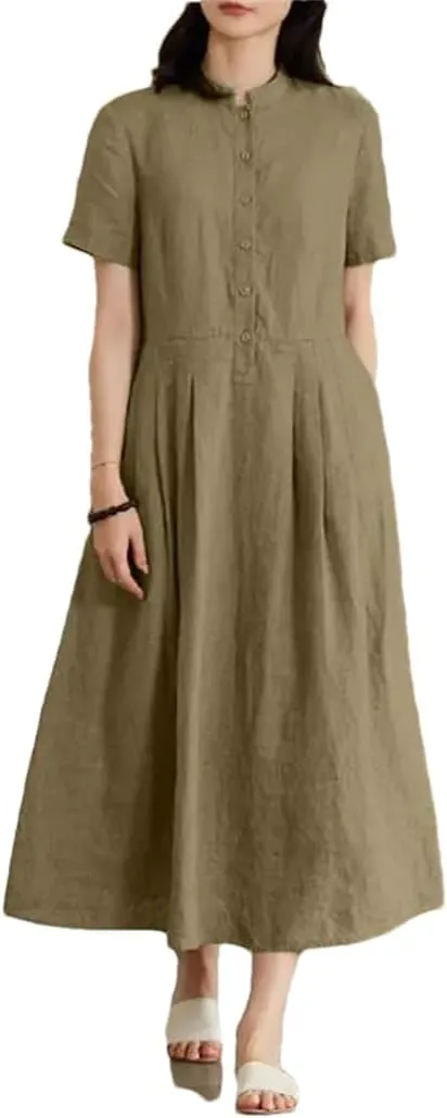 Women Cotton Linen Summer Shirt O-Neck Dresses Casual Solid Long Maxi Dress