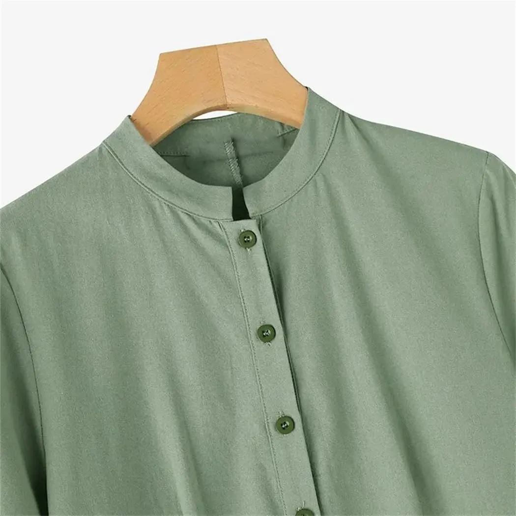 Women Cotton Linen Summer Shirt O-Neck Dresses Casual Solid Long Maxi Dress