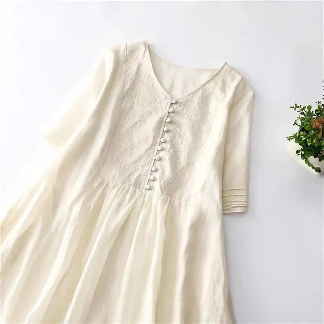 Women Embroidered Dresses Summer V-Neck Short Sleeve Casual Loose Party A-Line Dress