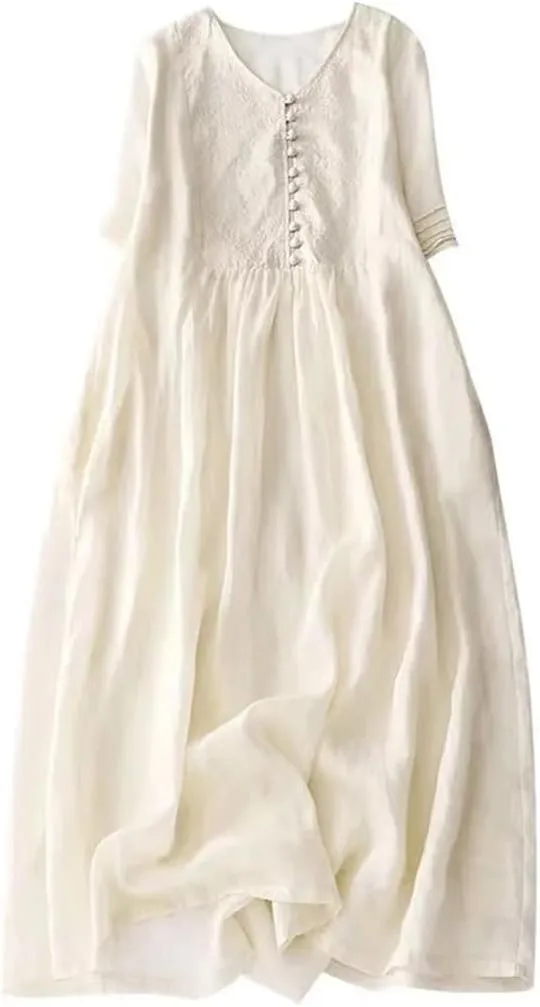 Women Embroidered Dresses Summer V-Neck Short Sleeve Casual Loose Party A-Line Dress