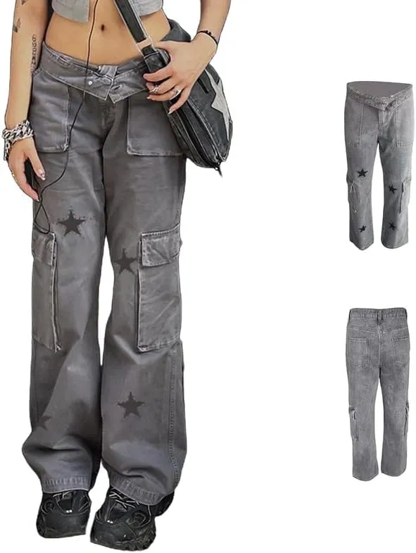 Women High Waisted Pants Y2k Graphic Wide Leg Denim Jeans Straight Casual Loose Baggy Trousers Vintage E-Girl Streetwear