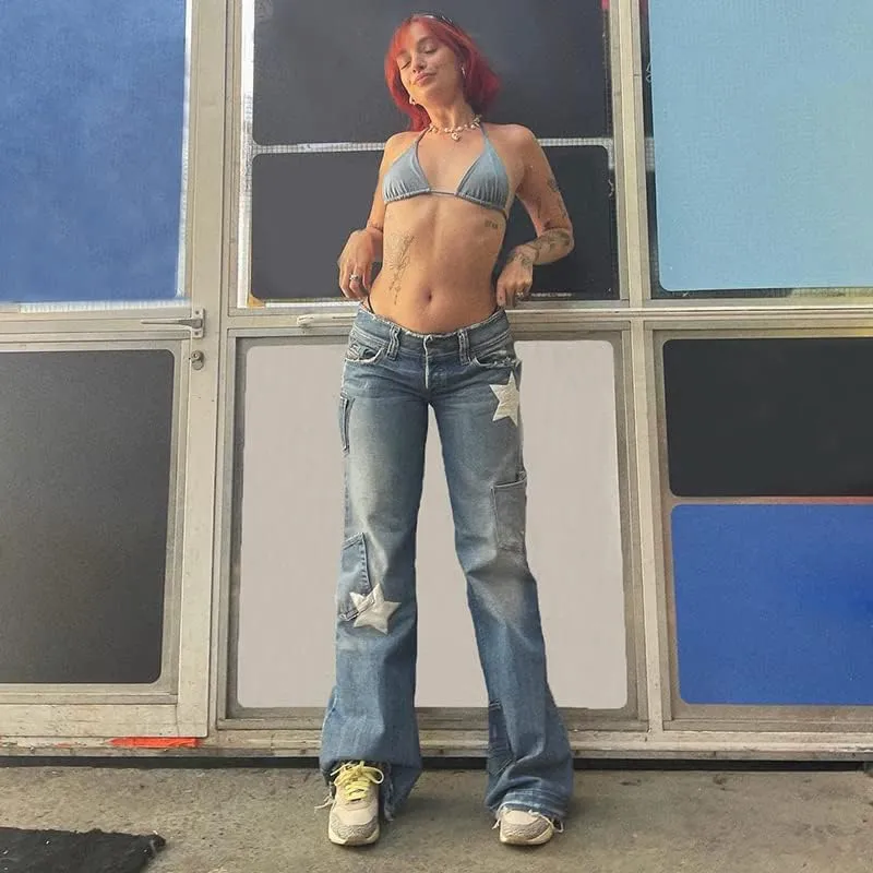 Women High Waisted Pants Y2k Graphic Wide Leg Denim Jeans Straight Casual Loose Baggy Trousers Vintage E-Girl Streetwear