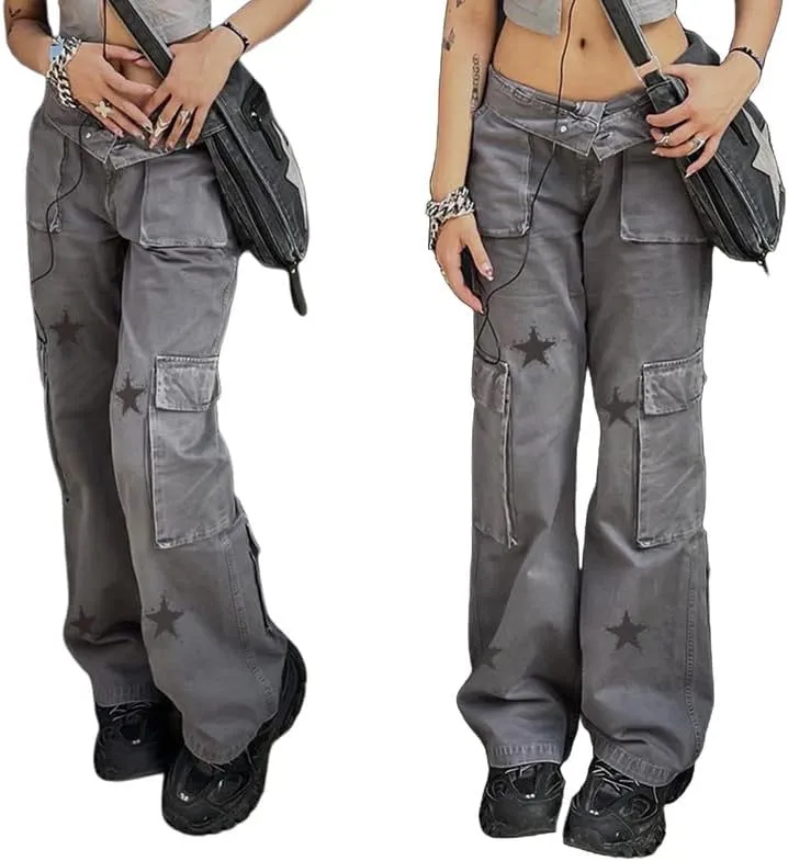 Women High Waisted Pants Y2k Graphic Wide Leg Denim Jeans Straight Casual Loose Baggy Trousers Vintage E-Girl Streetwear