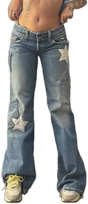 Women High Waisted Pants Y2k Graphic Wide Leg Denim Jeans Straight Casual Loose Baggy Trousers Vintage E-Girl Streetwear