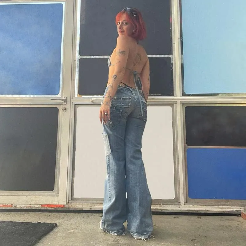 Women High Waisted Pants Y2k Graphic Wide Leg Denim Jeans Straight Casual Loose Baggy Trousers Vintage E-Girl Streetwear