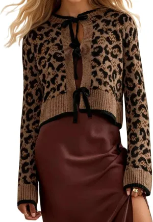 Women Leopard Bow Tie Front Cardigan Sweaters Long Sleeve Crewneck Cheetah Print Knit Cardigan Coats Casual Loose Outfits