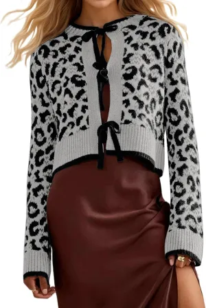 Women Leopard Bow Tie Front Cardigan Sweaters Long Sleeve Crewneck Cheetah Print Knit Cardigan Coats Casual Loose Outfits