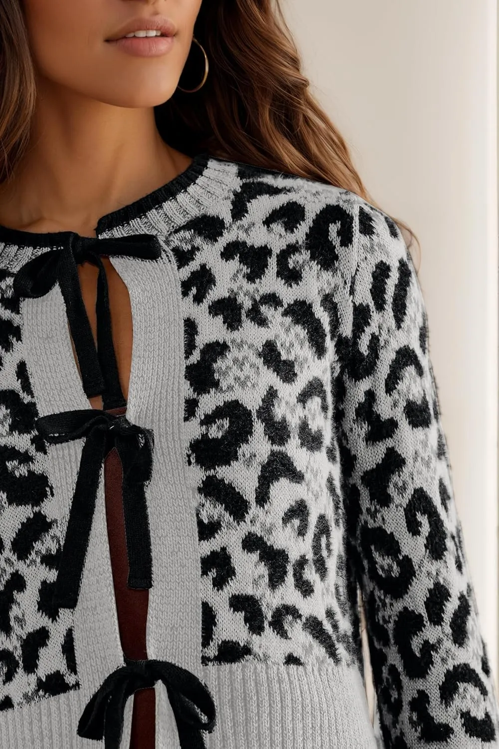 Women Leopard Bow Tie Front Cardigan Sweaters Long Sleeve Crewneck Cheetah Print Knit Cardigan Coats Casual Loose Outfits