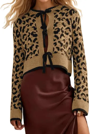 Women Leopard Bow Tie Front Cardigan Sweaters Long Sleeve Crewneck Cheetah Print Knit Cardigan Coats Casual Loose Outfits