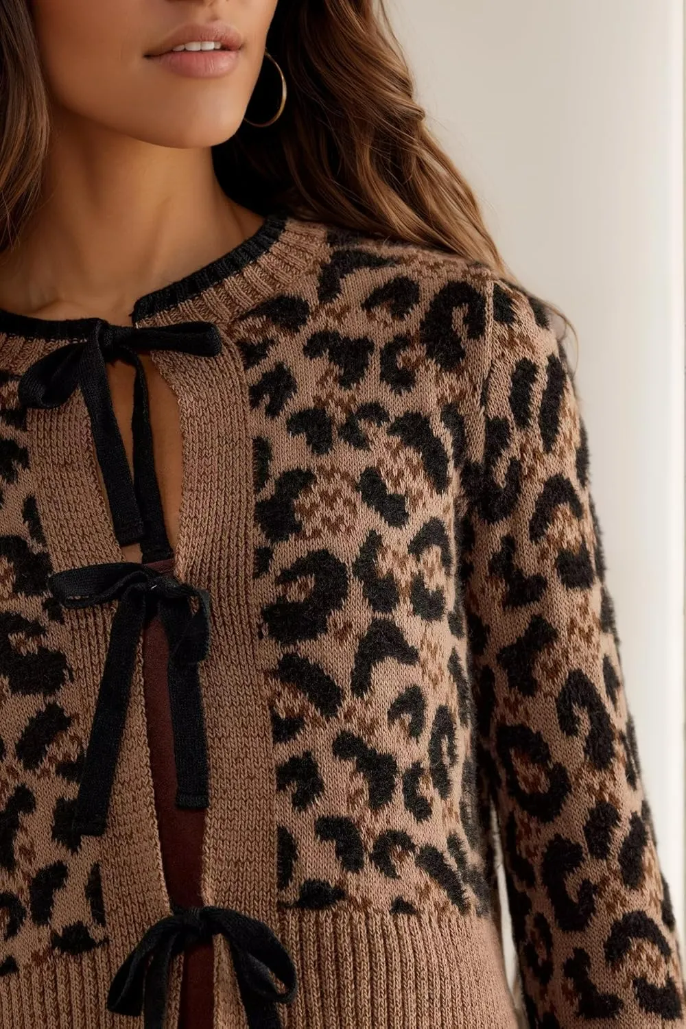 Women Leopard Bow Tie Front Cardigan Sweaters Long Sleeve Crewneck Cheetah Print Knit Cardigan Coats Casual Loose Outfits