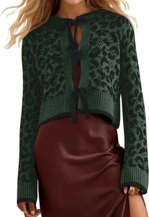 Women Leopard Bow Tie Front Cardigan Sweaters Long Sleeve Crewneck Cheetah Print Knit Cardigan Coats Casual Loose Outfits