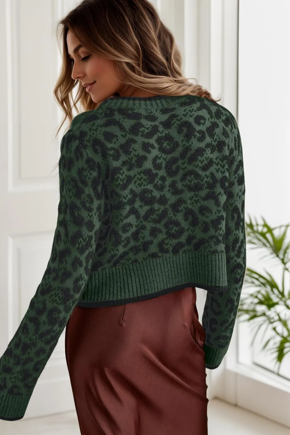 Women Leopard Bow Tie Front Cardigan Sweaters Long Sleeve Crewneck Cheetah Print Knit Cardigan Coats Casual Loose Outfits
