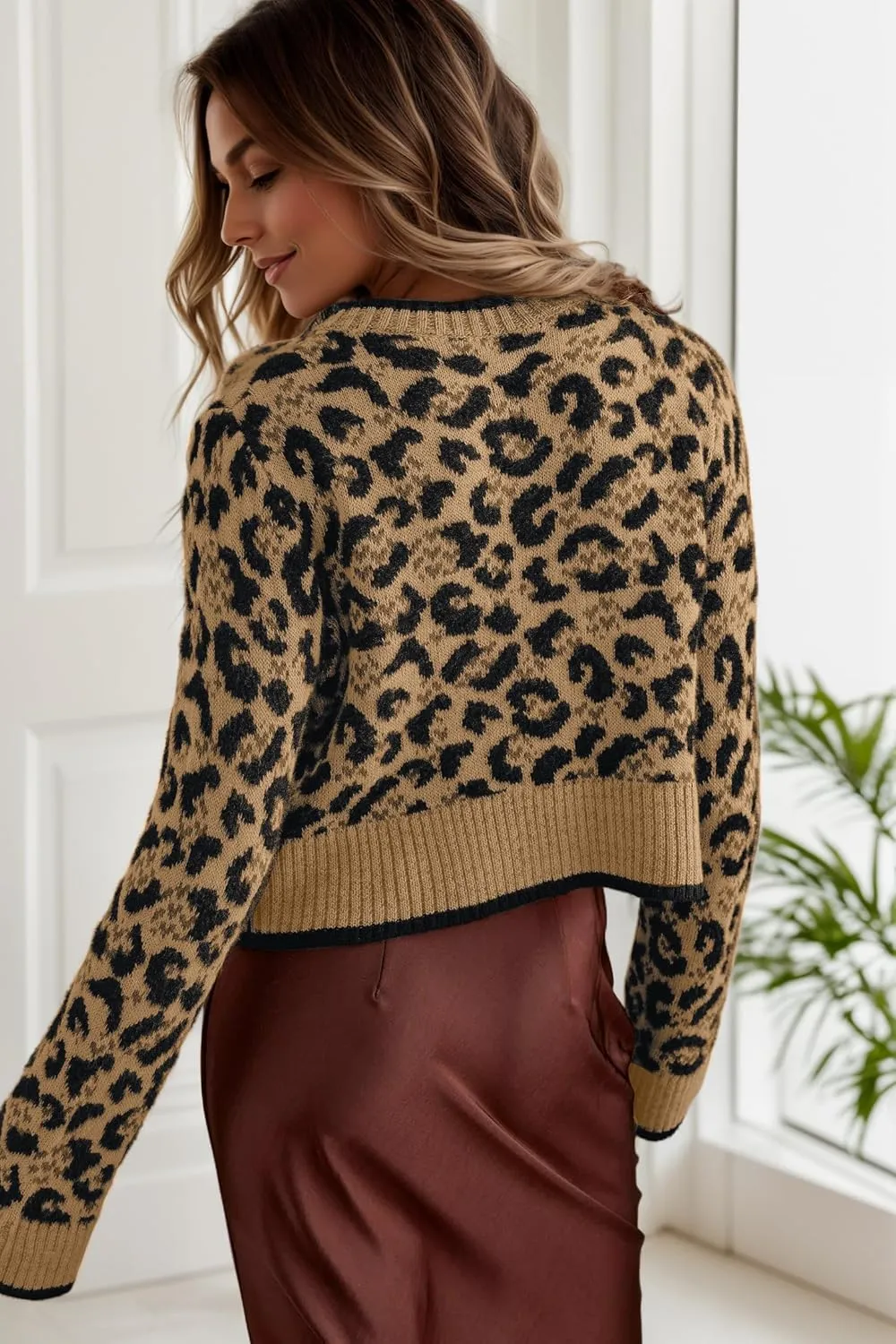 Women Leopard Bow Tie Front Cardigan Sweaters Long Sleeve Crewneck Cheetah Print Knit Cardigan Coats Casual Loose Outfits